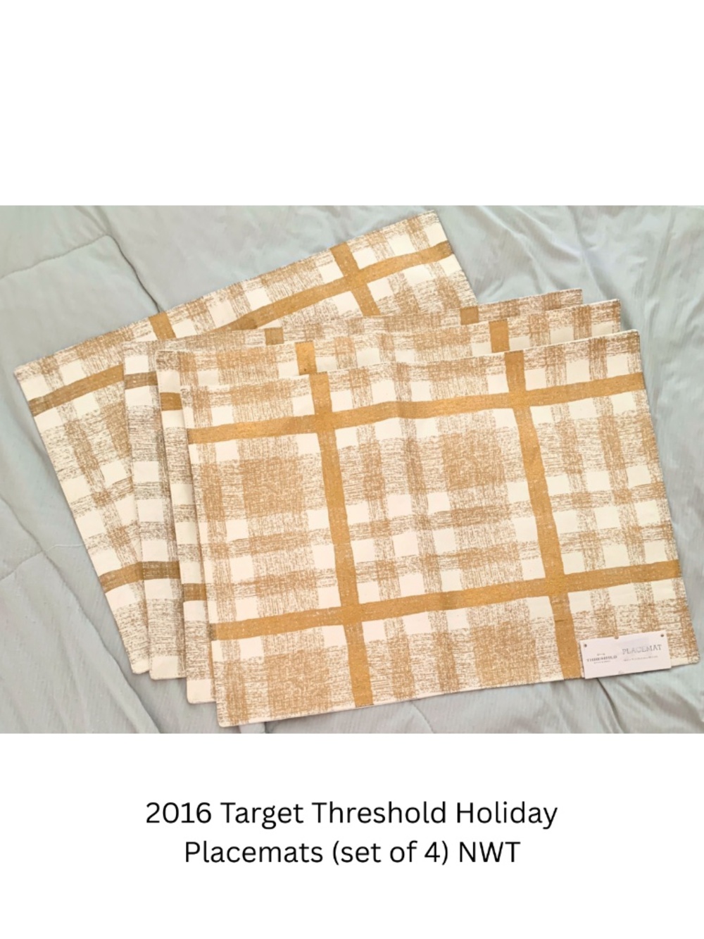 Target Threshold Gold & Off-white Holiday Plaid Placemats (set of 4) NWT 2016